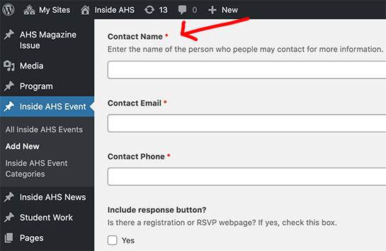 screenshot of Inside AHS Contact name backend