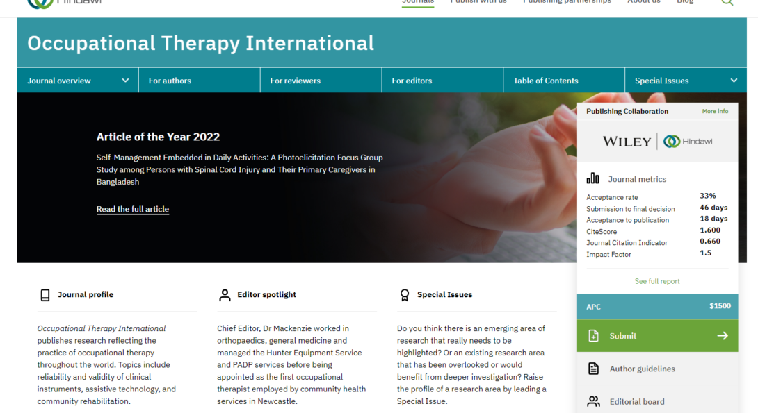 Yeasir Alve and colleagues received Article of the Year Award: Outstanding research contributions of 2022 - Occupational Therapy International Journal