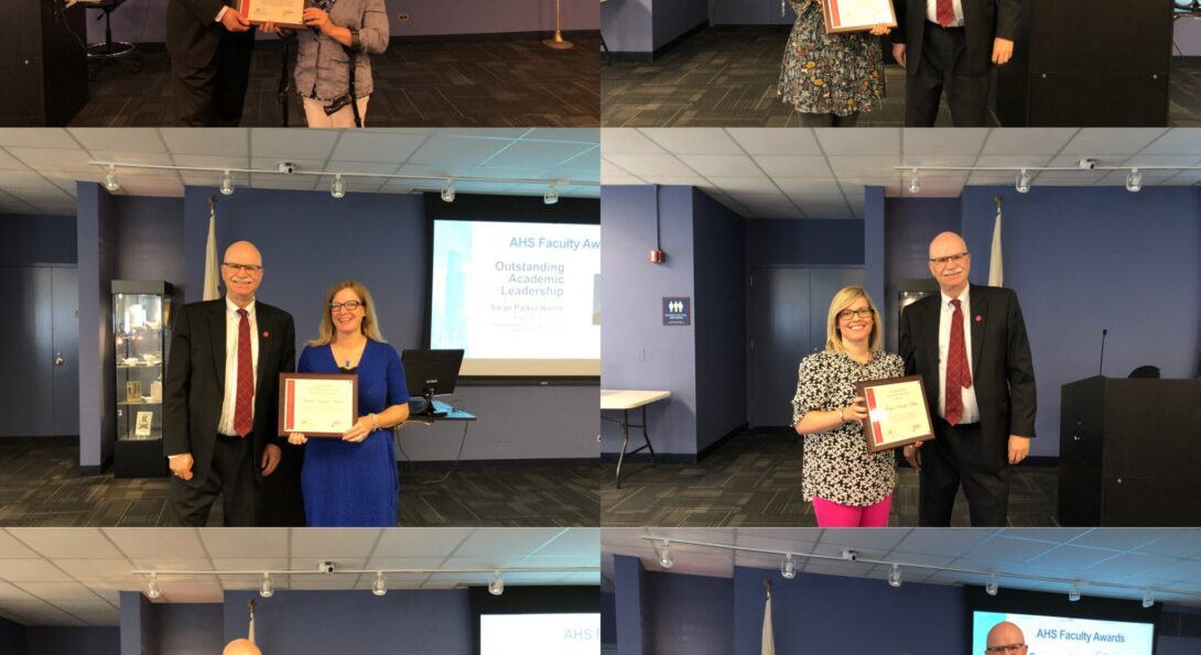 A collage of six photos of each of the AHS college award recipients with Dean Fernhall