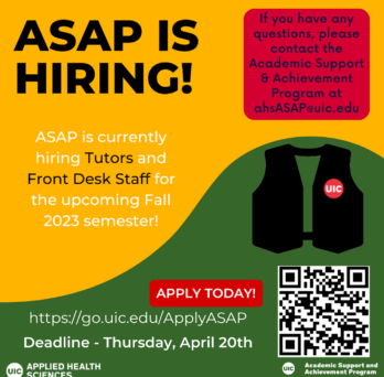 The Academic Support & Achievement Program (ASAP) is excited to announce that applications are open for front desk staff & tutor positions for the Fall 2023 semester. Come join an amazing, supportive staff made up of AHS students just like you! Interested
                  