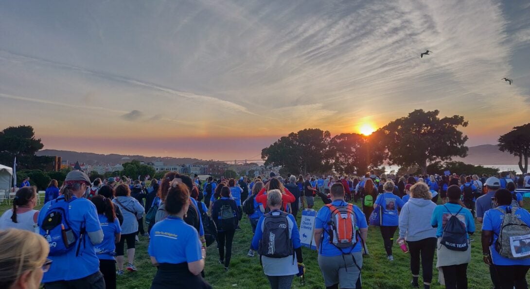 A large group of people people wearing blue T-shirts walking on the grass towards sunset over the ocean behind 3 trees.