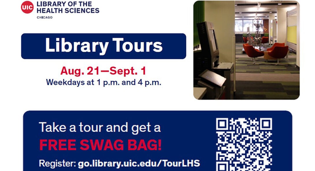 Library tours of the library of the health sciences, August 21-September 1st, weekdays at 1pm and 4pm. Swag bags available.