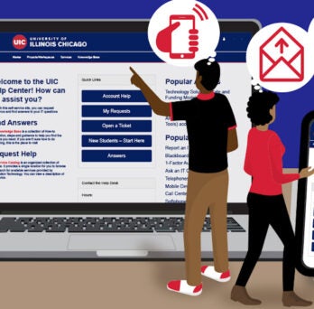 An illustration of three people standing in front of a life-size laptop and cell phone that are both displaying the UIC Help Center website
                  