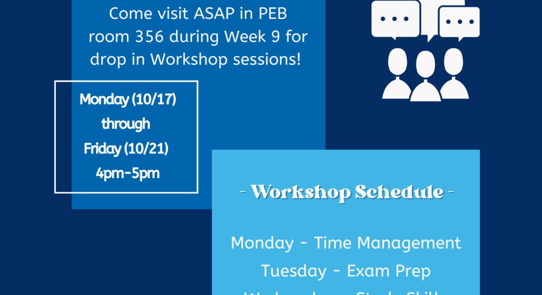 Post mid-term reboot. Two blue colored squares that outline drop-in workshop dates and workshop schedule. Two white visuals including a stack of books and three people sharing a conversation.