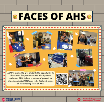 Yellow bulletin board with pictures of AHS students doing fun activities. The words 