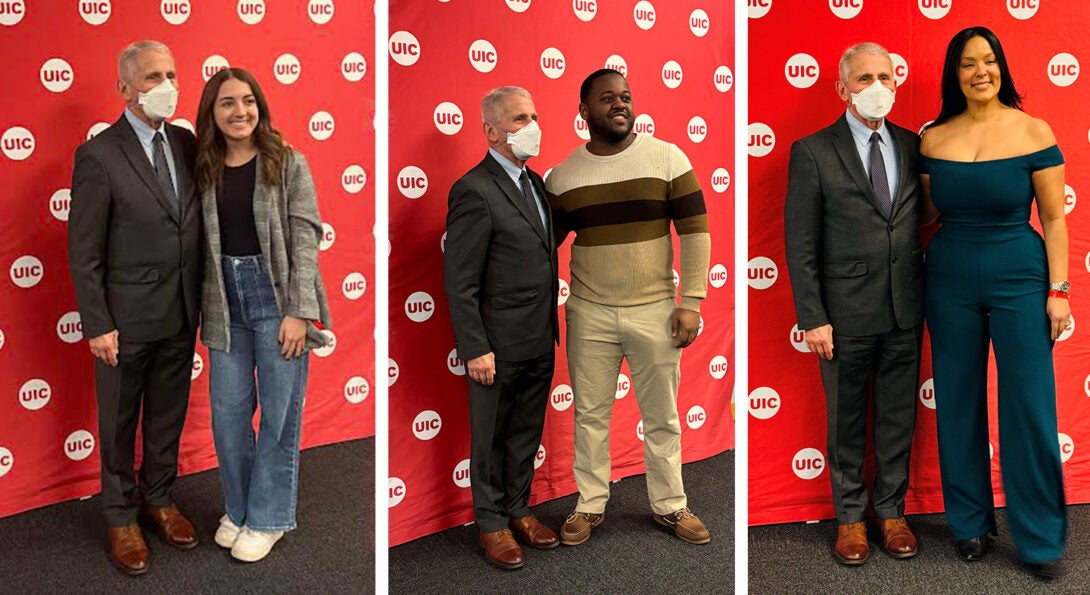 Three photos of AHS students Trina Fresco, Markus Melvin and Amanda Montoney standing with Anthony Fauci.