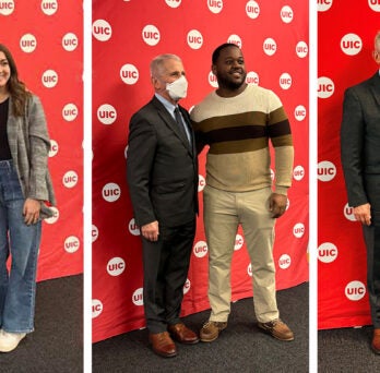 Three photos of AHS students Trina Fresco, Markus Melvin and Amanda Montoney standing with Anthony Fauci.
                  