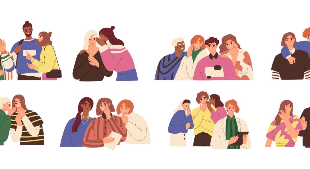 Cartoon illustration of people whispering to each other at work